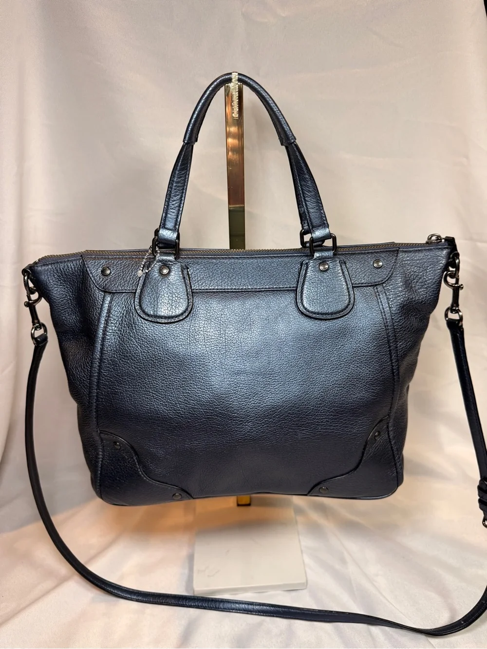 Coach Mickie Metallic Blue Pebbled Leather Tote with Removable Strap